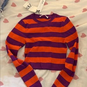 Zara Bold Purple and Orange Striped Top M